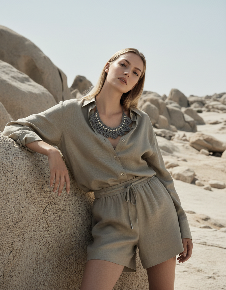 Boho Shell El Örgüsü Kolye – Gri Dantel Örgü & İnci Detaylı Aksesuar