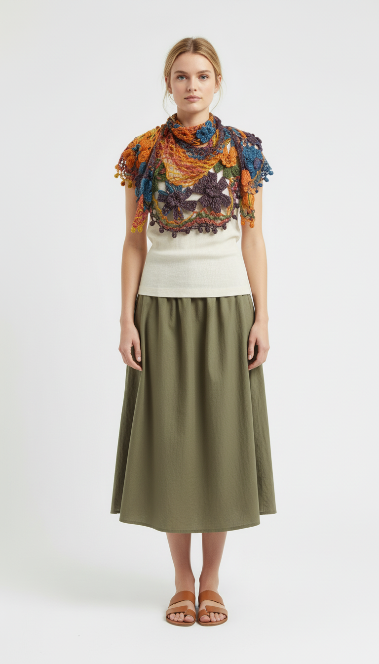 El Örgüsü Renkli Çiçekli Şal