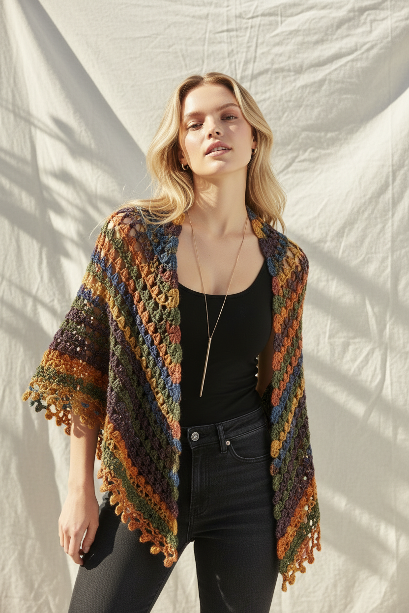 El Örgüsü Renkli Şal – Retro Bohem Desenli Triko Panço