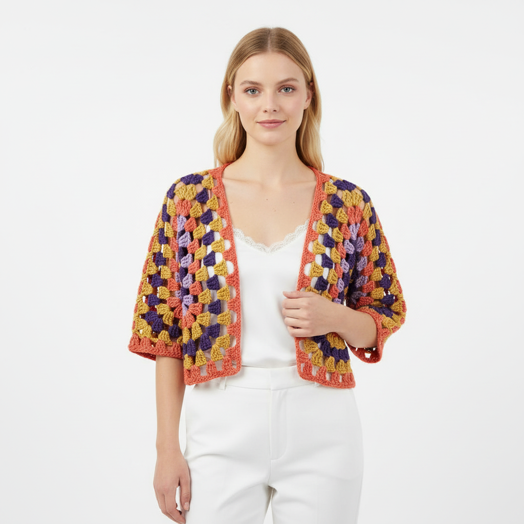 Retro Renkli El Örgüsü Crop Hırka