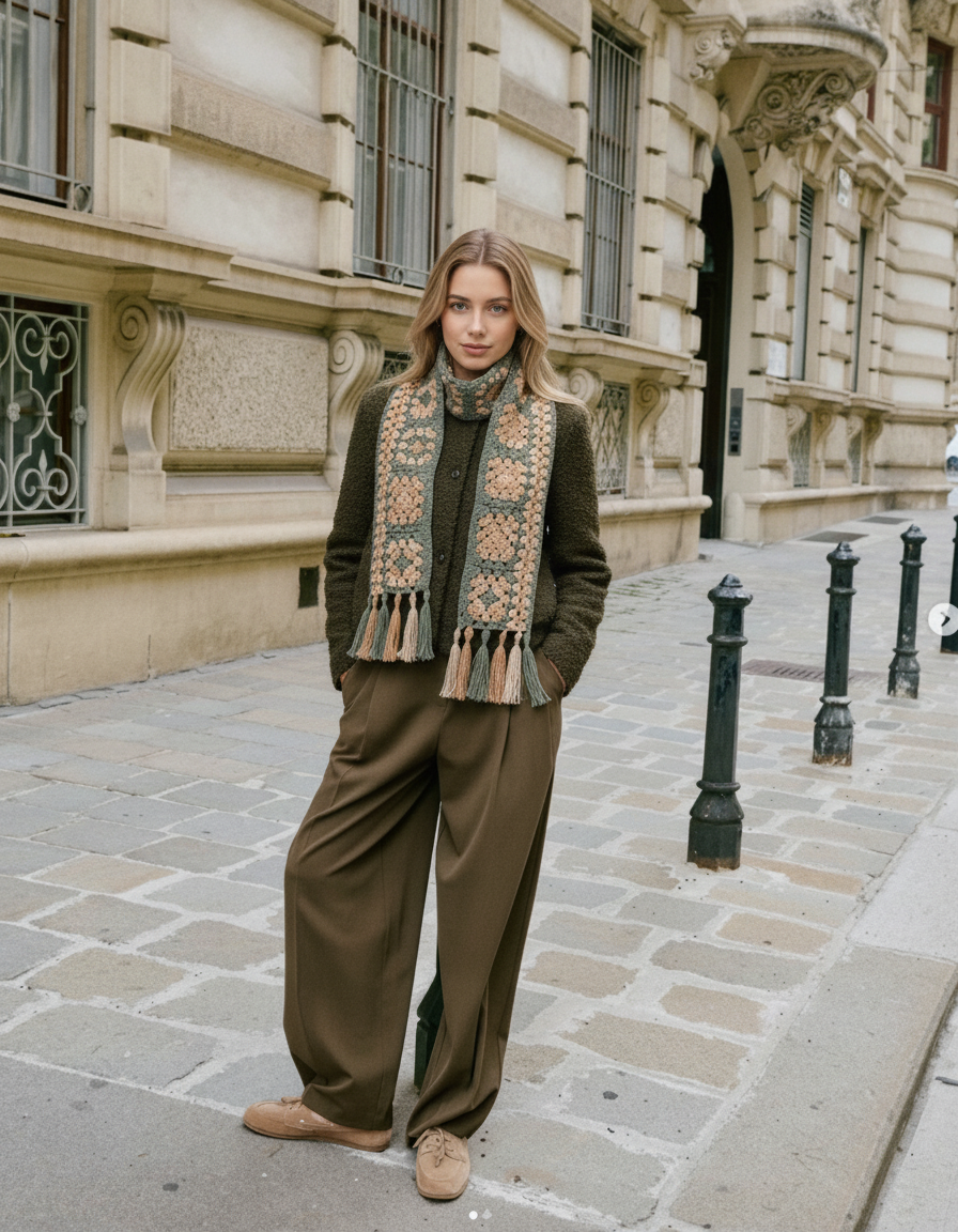 El Örgüsü Granny Kare Desenli Atkı – Boho Vintage Tarz Püsküllü