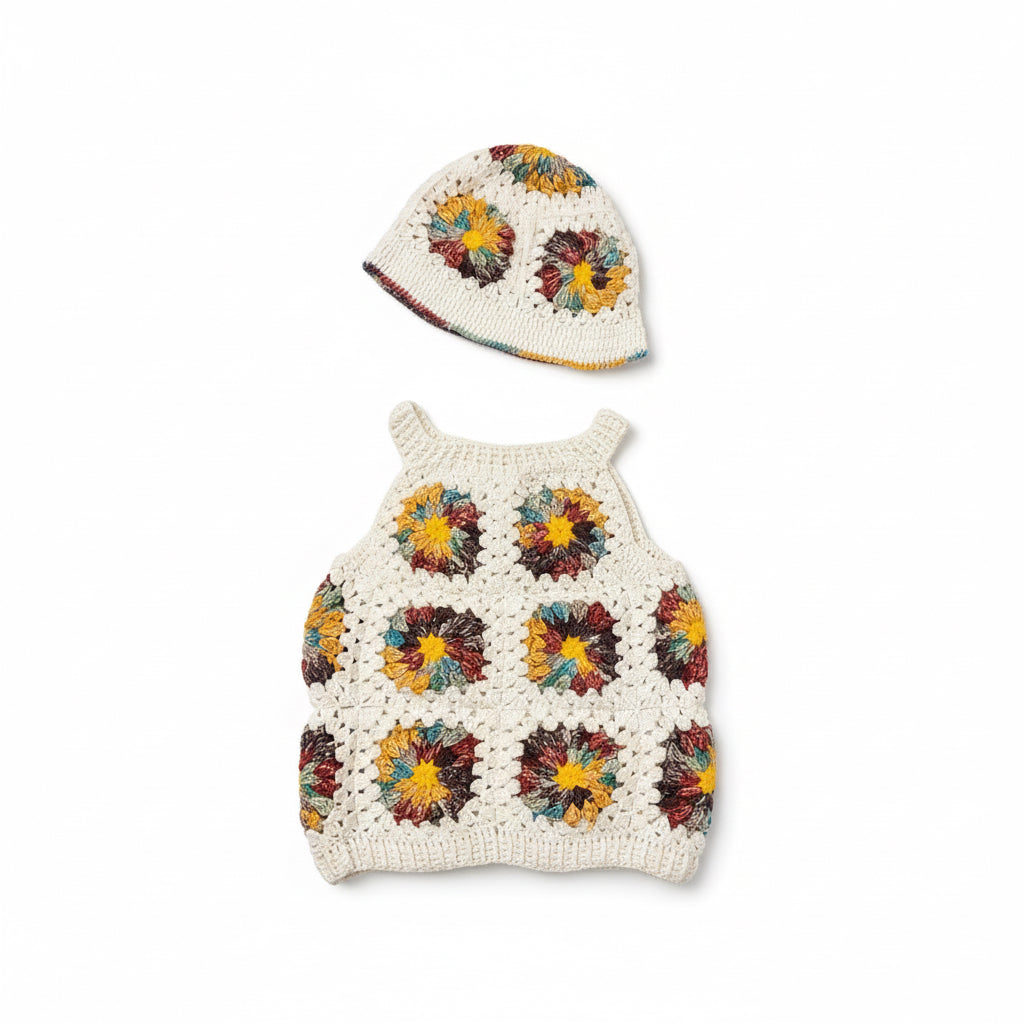 El Örgüsü Yazlık Beyaz Süveter ve Şapka Takımı
