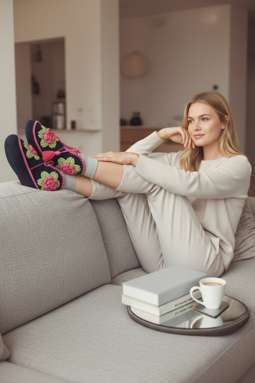 El Örgüsü Çiçekli Ev Botu | Fuşya & Yeşil & Lacivert