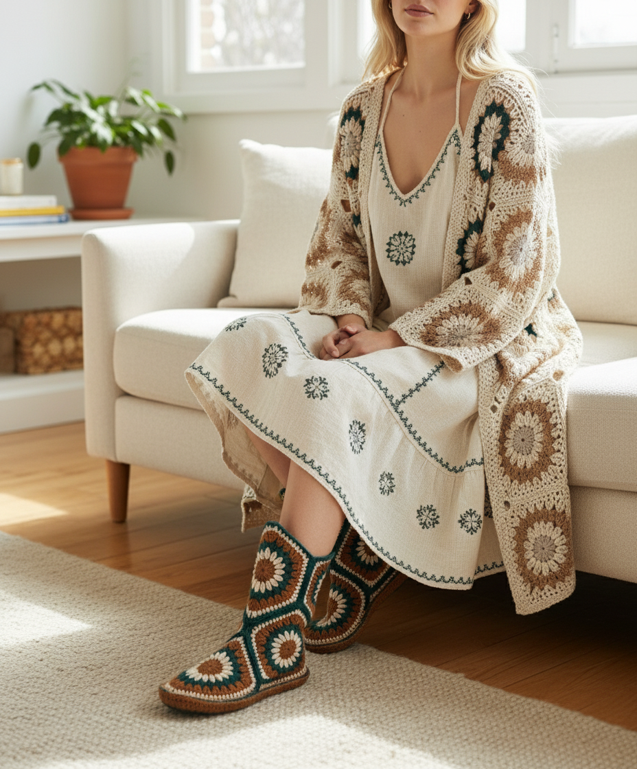 El Yapımı Örgü Ev Botu | Retro Desenli