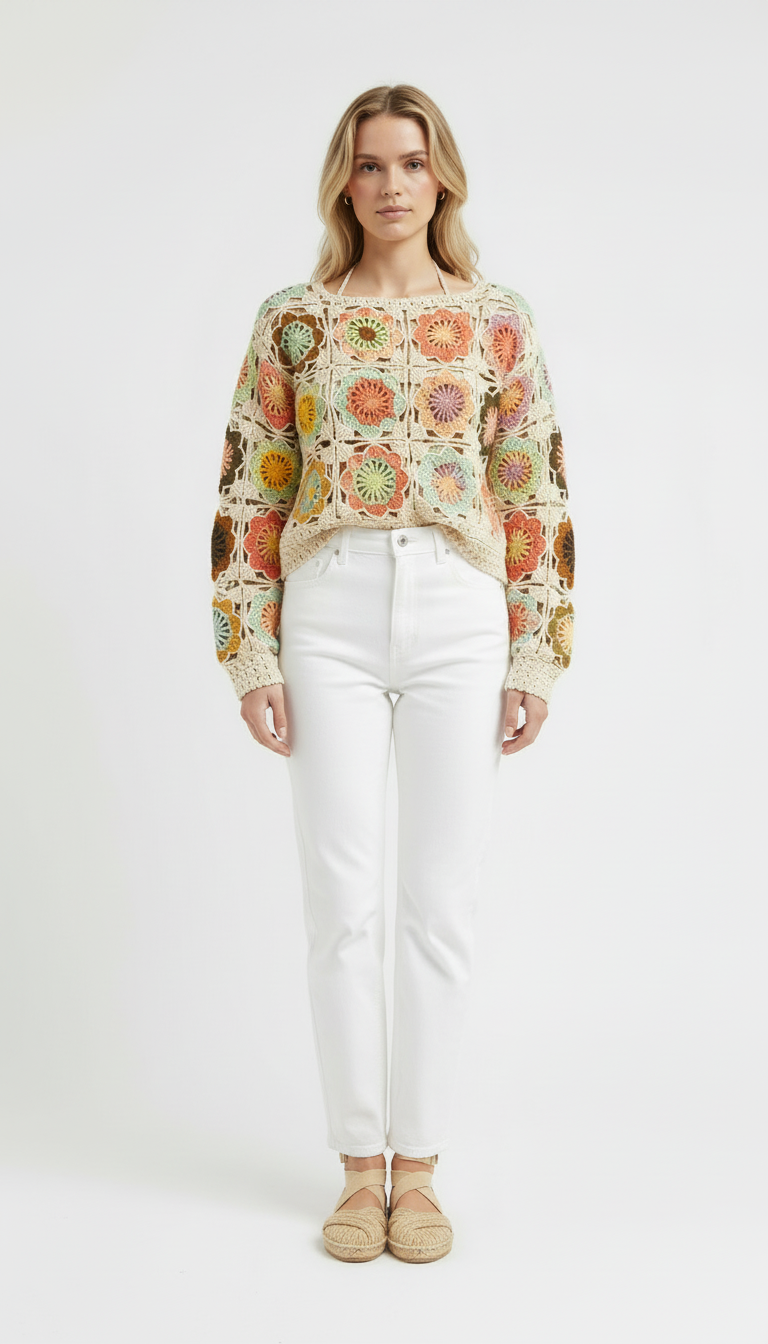 El Örgüsü Pastel Motifli Kazak – Krem Renkli Patchwork Bohem Model