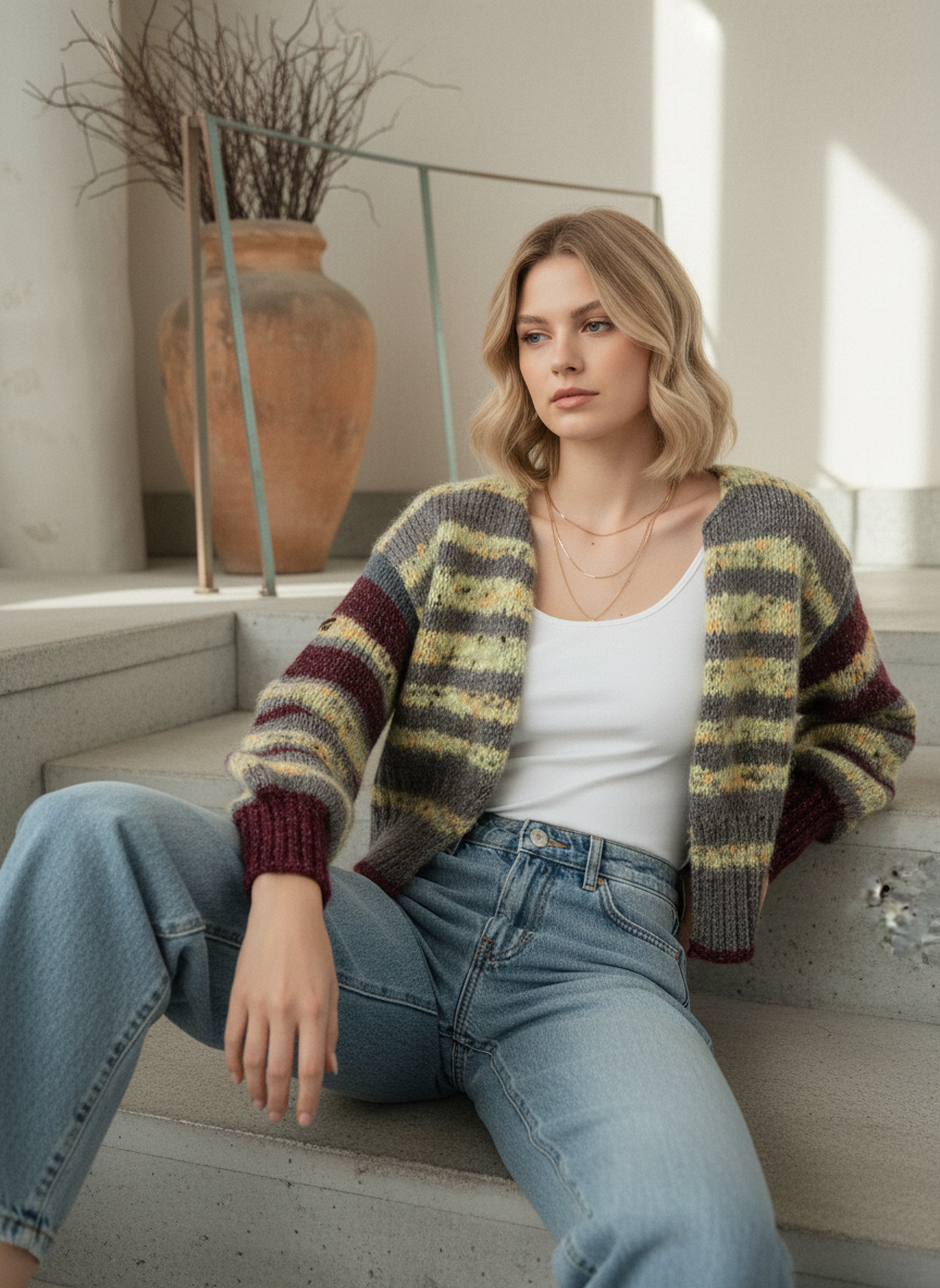 El Örgüsü Renkli Çizgili Kazak – Retro Model