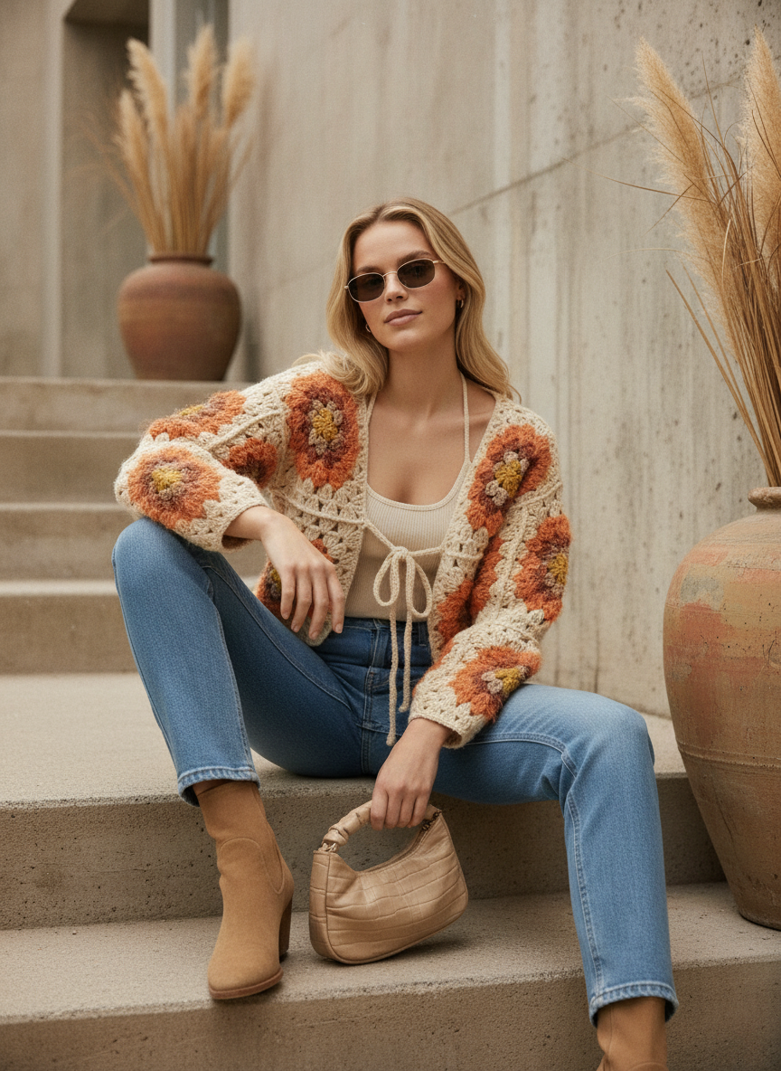 El Örgüsü Güneş Motifli Hırka – Krem Turuncu Bohem Crop Model