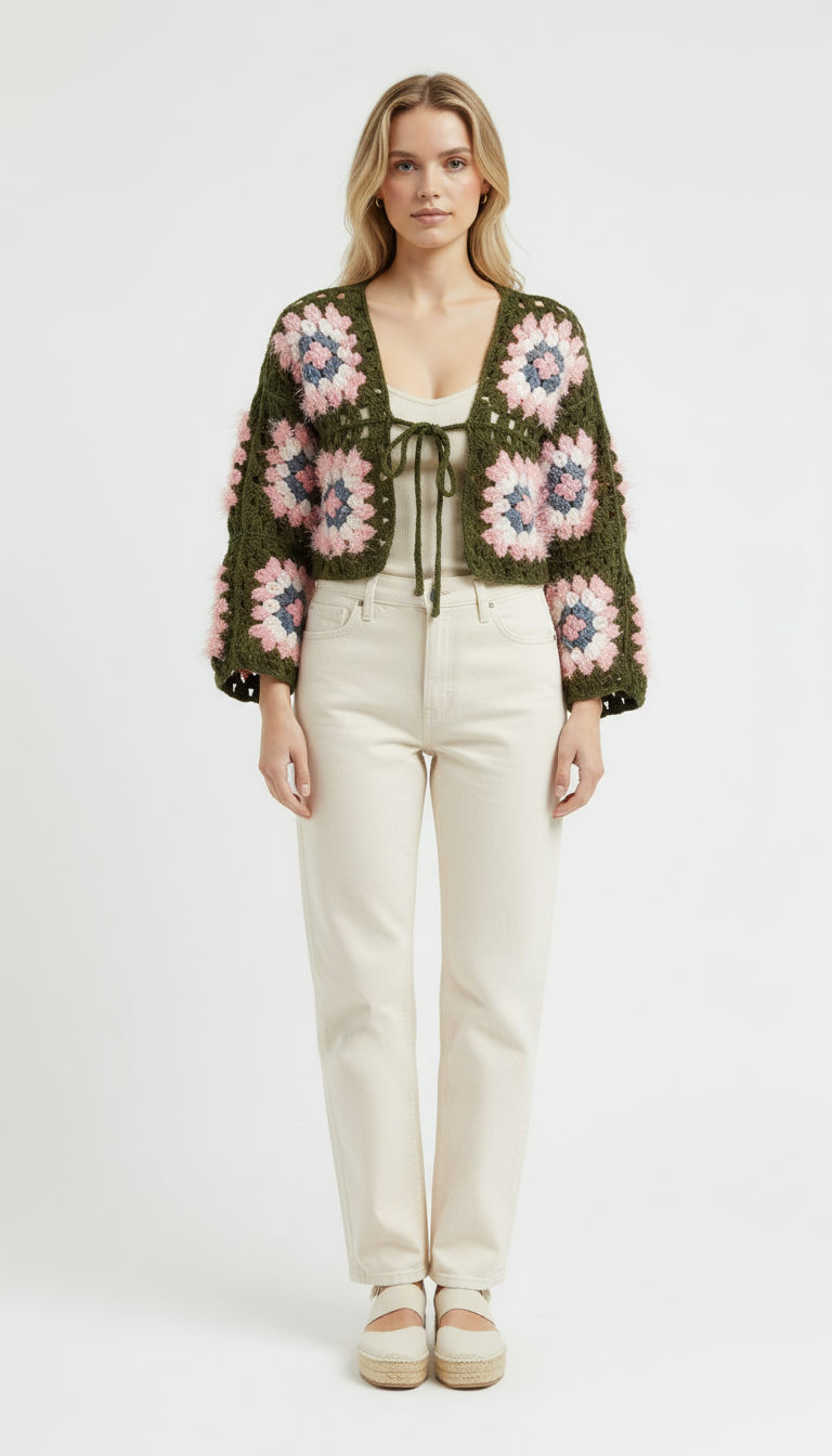 El Örgüsü Granny Square Hırka – Yeşil Pembe Vintage Crop Mode