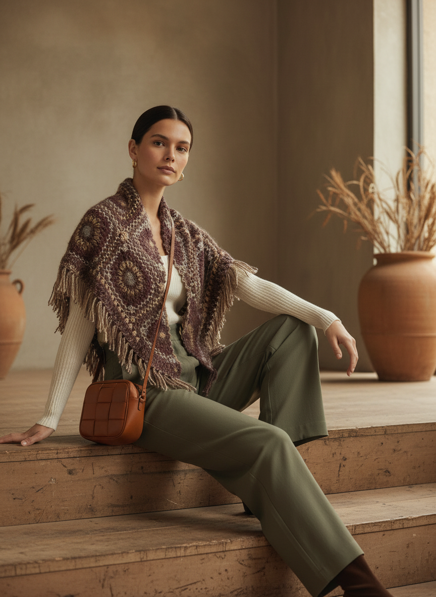 Parıltılı İple Örülmüş El Örgüsü Motifli Şal | Saçak Detaylı Tasarım