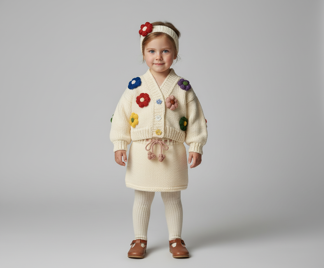 El Örgüsü Çiçekli Çocuk Takımı – Hırka, Etek ve Bandana