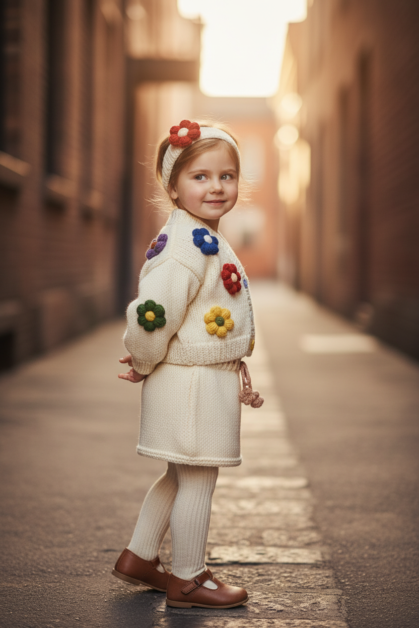 El Örgüsü Çiçekli Çocuk Takımı – Hırka, Etek ve Bandana