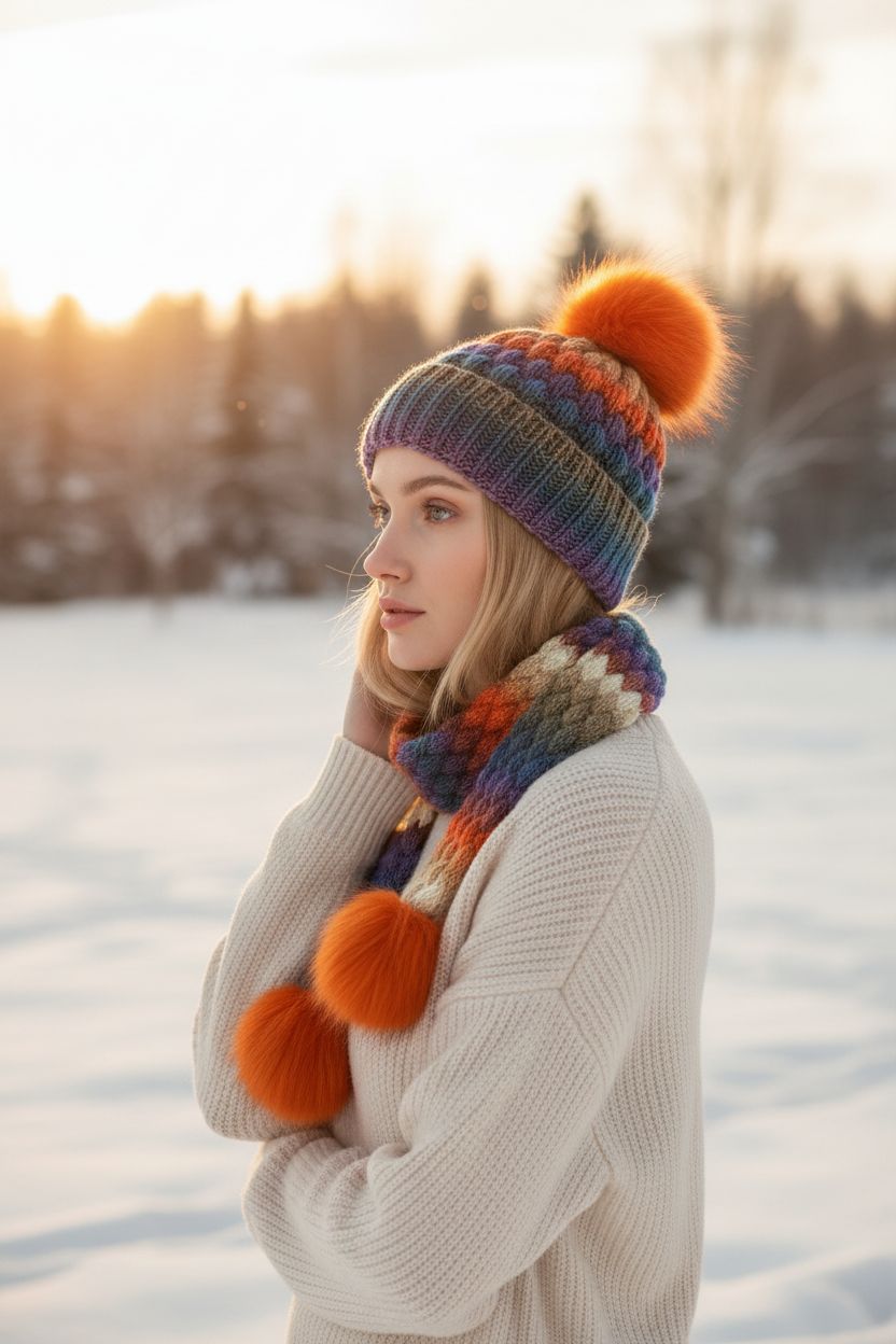 El Örgüsü Renkli Şapka ve Atkı Takımı