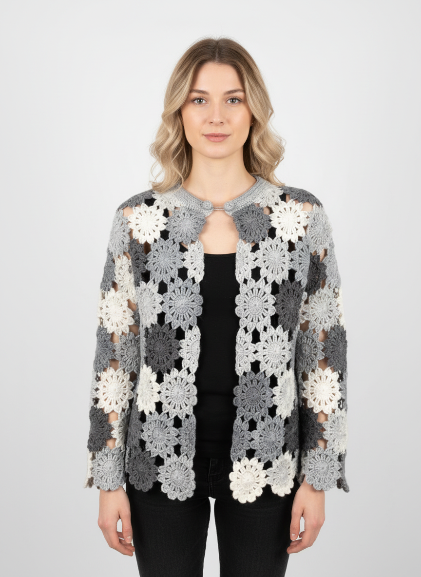 El Örgüsü Çiçek Motifli Hırka – Gri ve Krem Tonlarında Boho Model