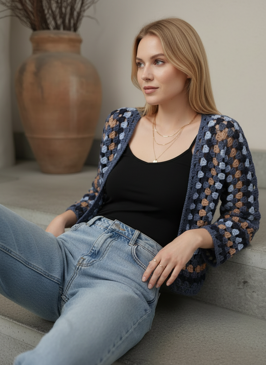 El Örgüsü Lacivert Geometrik Motifli Hırka