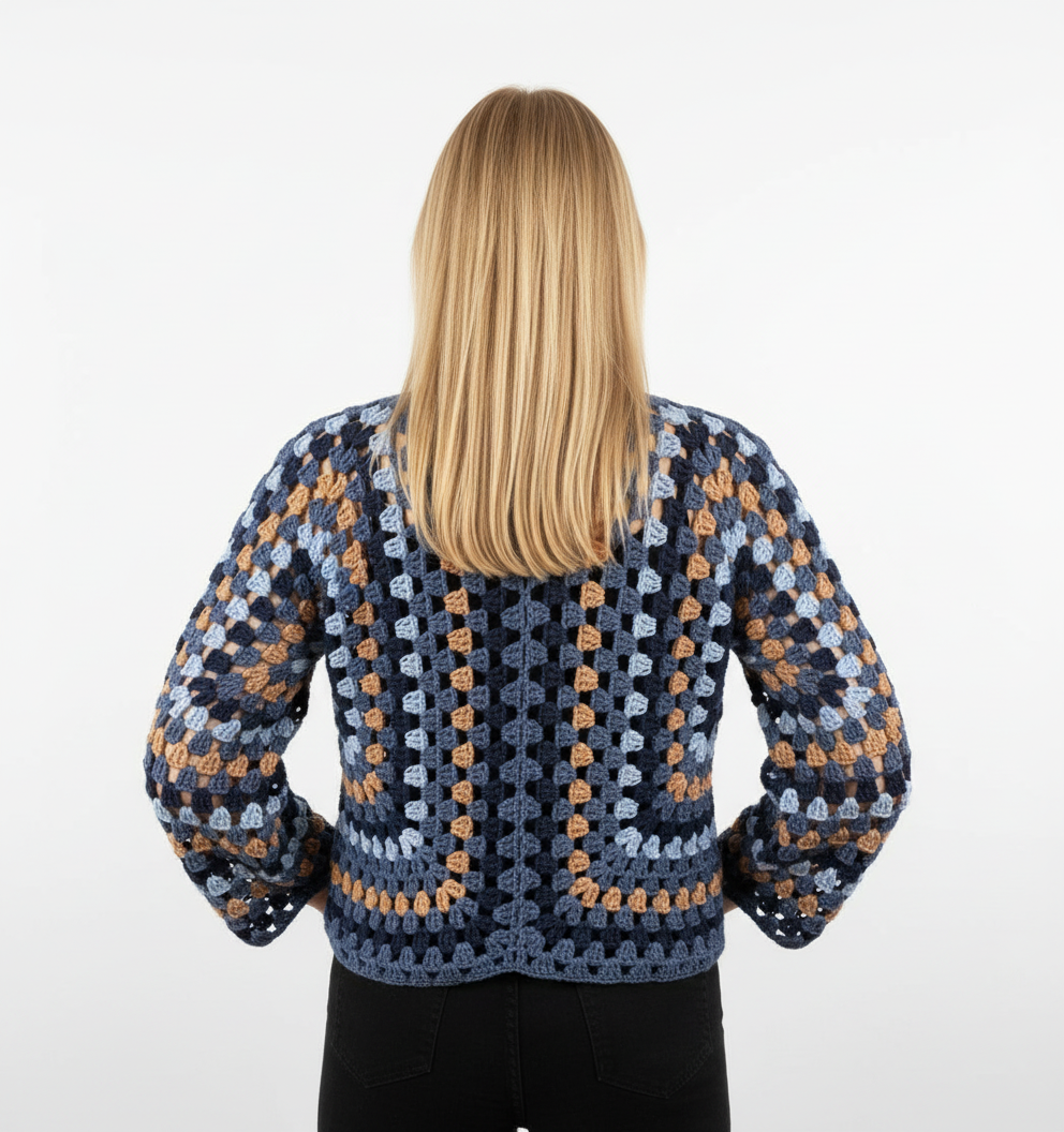 El Örgüsü Lacivert Geometrik Motifli Hırka