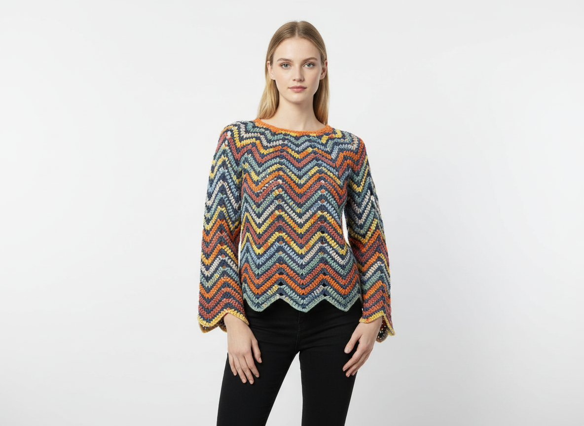 El Örgüsü Zigzag Desenli Renkli Kazak – Retro Boho Stil