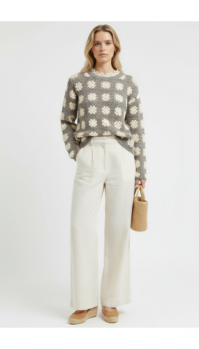 El Örgüsü Gri Granny Motifli Kazak