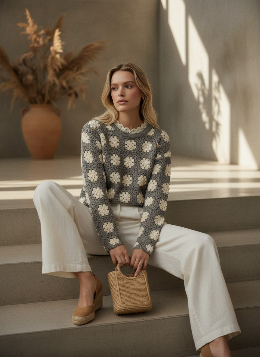 El Örgüsü Gri Granny Motifli Kazak