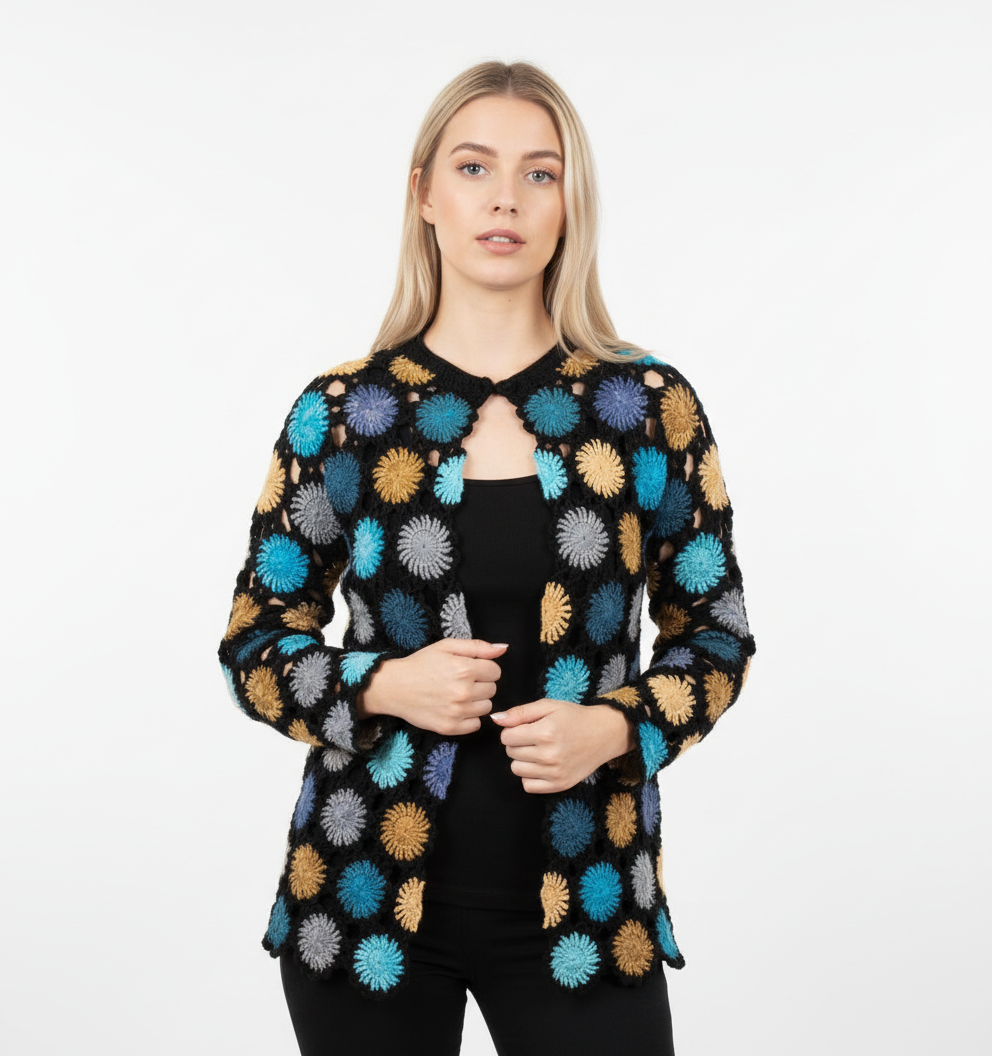 El Örgüsü Renkli Güneş Motifli Hırka