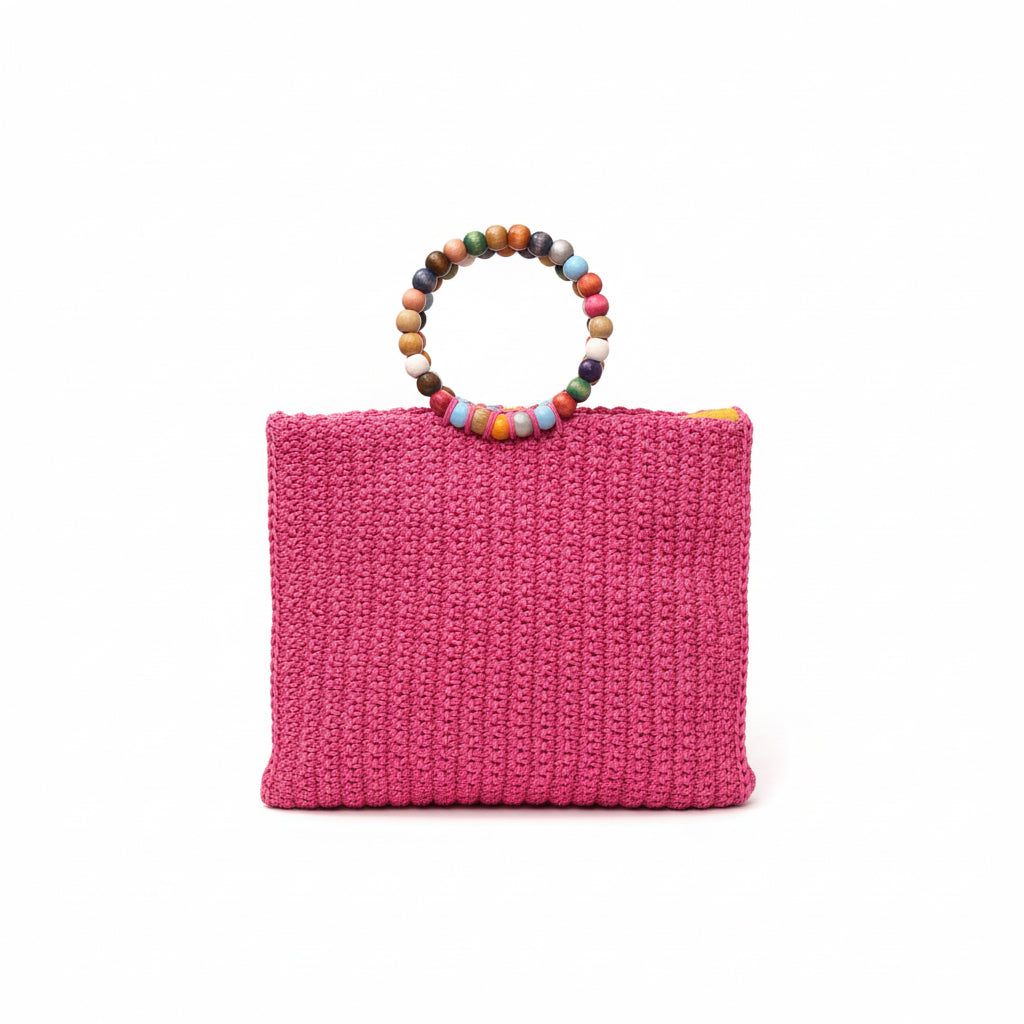 El Yapımı Çiçek Detaylı Hasır Çanta – Mercan Pembe | Zincir Askılı