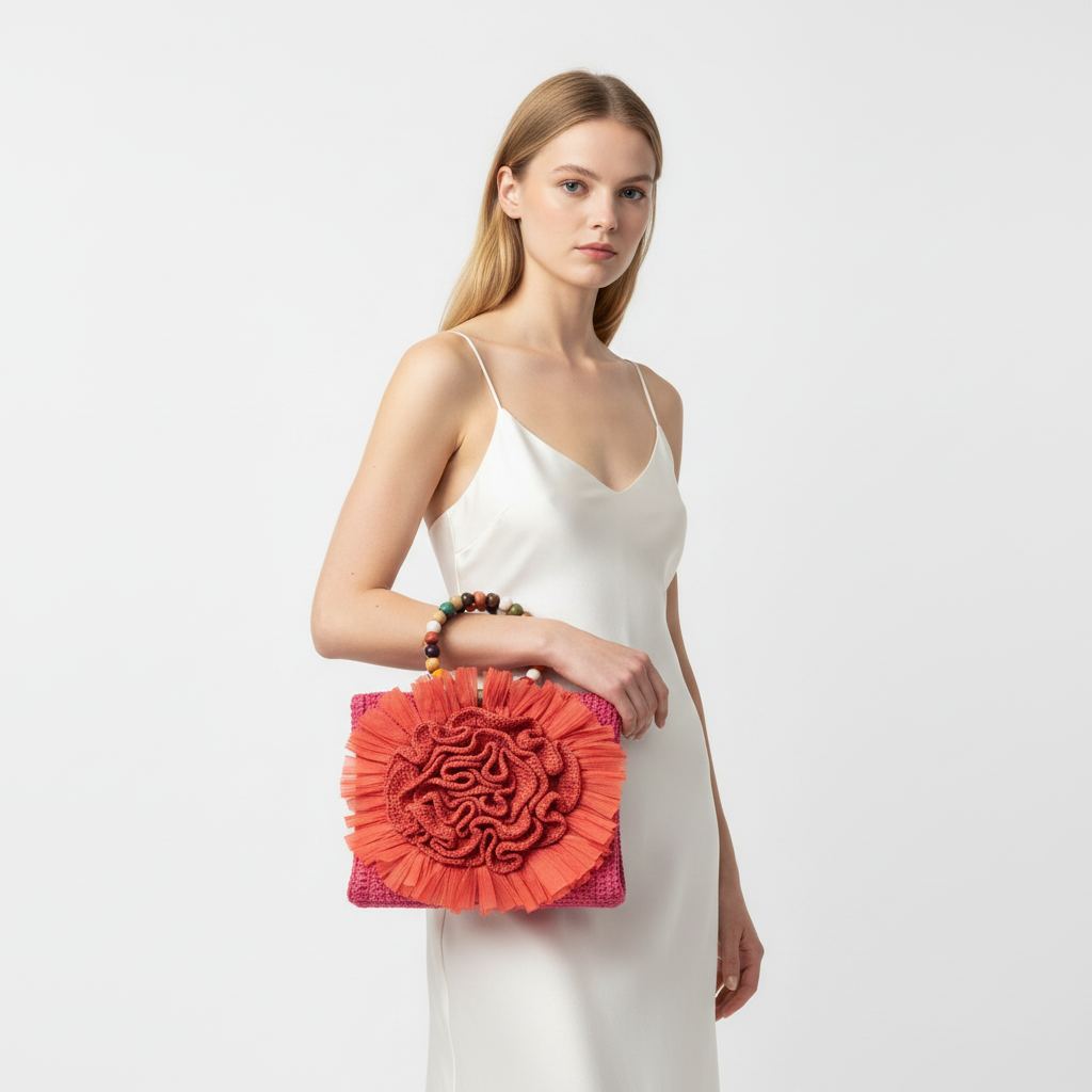 El Yapımı Çiçek Detaylı Hasır Çanta – Mercan Pembe | Zincir Askılı