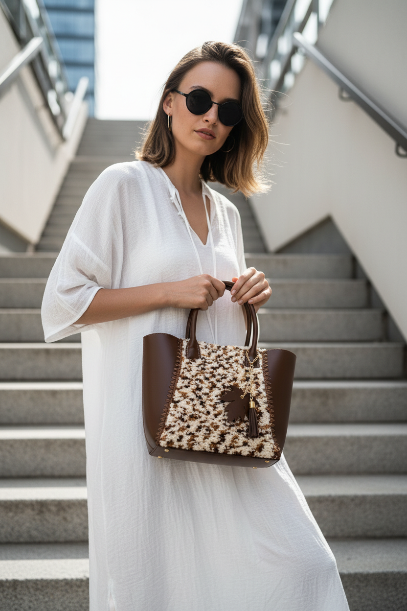 Orta Boy Peluş Kombinli El Çantası – Kahve & Krem