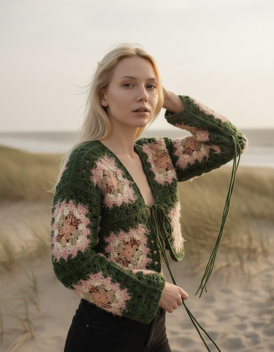 El Örgüsü Etnik Granny Kare Hırka