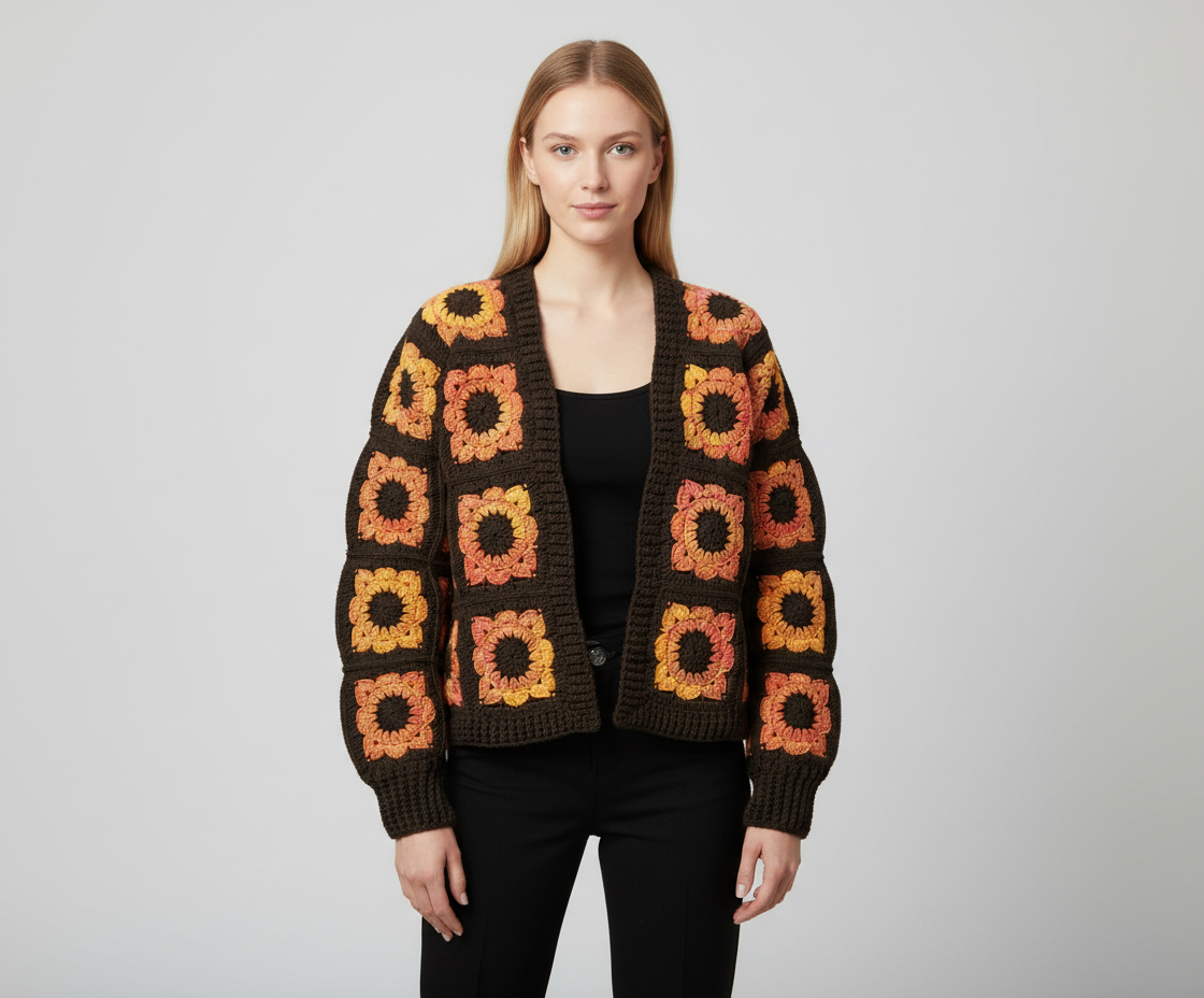 El Örgüsü Retro Çiçek Desenli Hırka