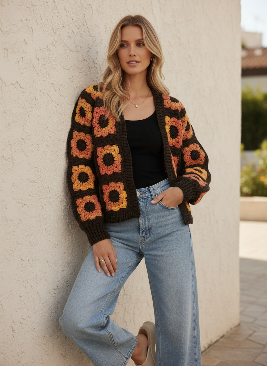 El Örgüsü Retro Çiçek Desenli Hırka