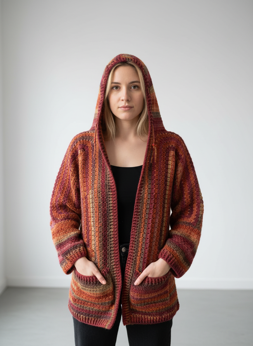 El Örgüsü Kapüşonlu Hırka – Kızıl Tonlarda Boho Stil