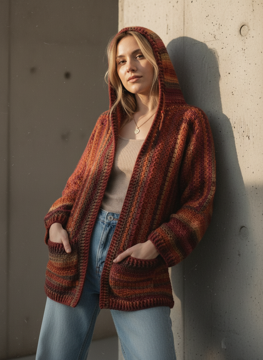 El Örgüsü Kapüşonlu Hırka – Kızıl Tonlarda Boho Stil