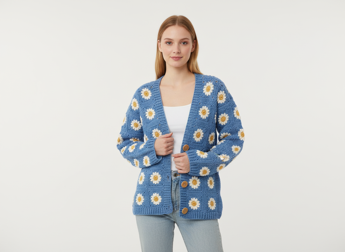 El Örgüsü Mavi Papatya Hırka – Vintage Boho Tarz