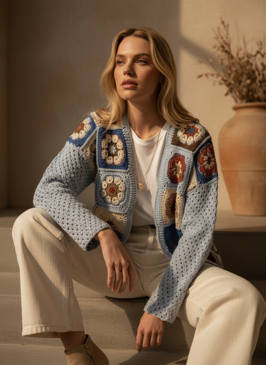 El Örgüsü Patchwork Hırka – Mavi Bej Retro Desenli