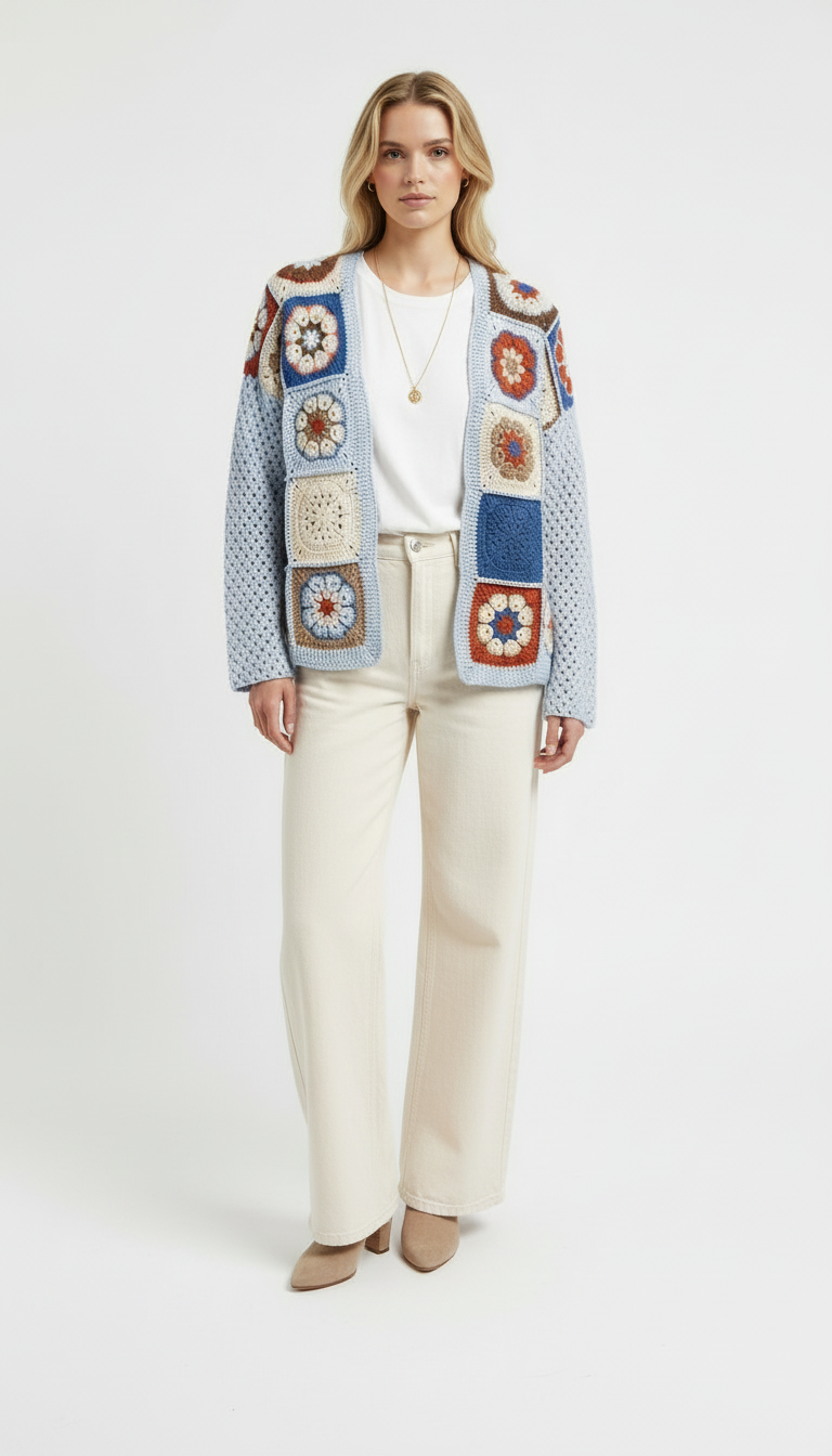 El Örgüsü Patchwork Hırka – Mavi Bej Retro Desenli