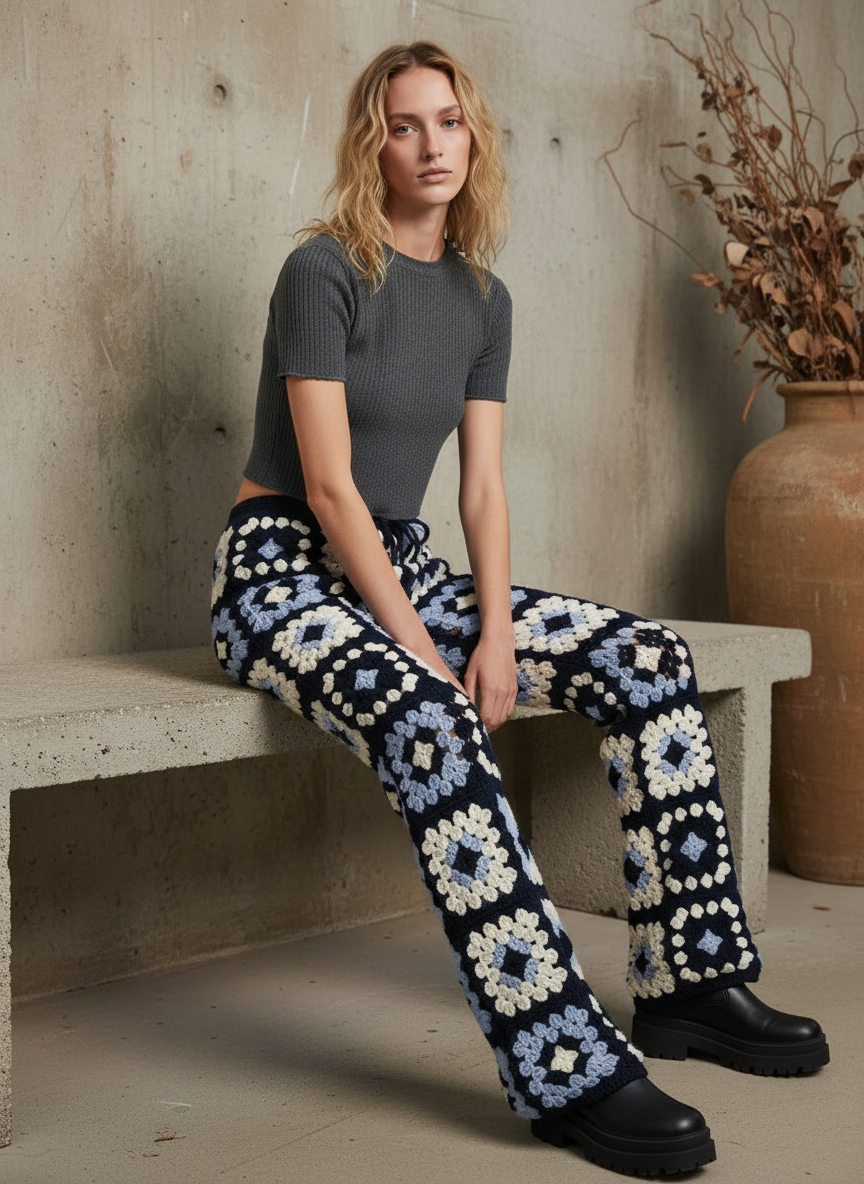 El Örgüsü Kare Motifli Pantolon – Lacivert & Mavi Tonları