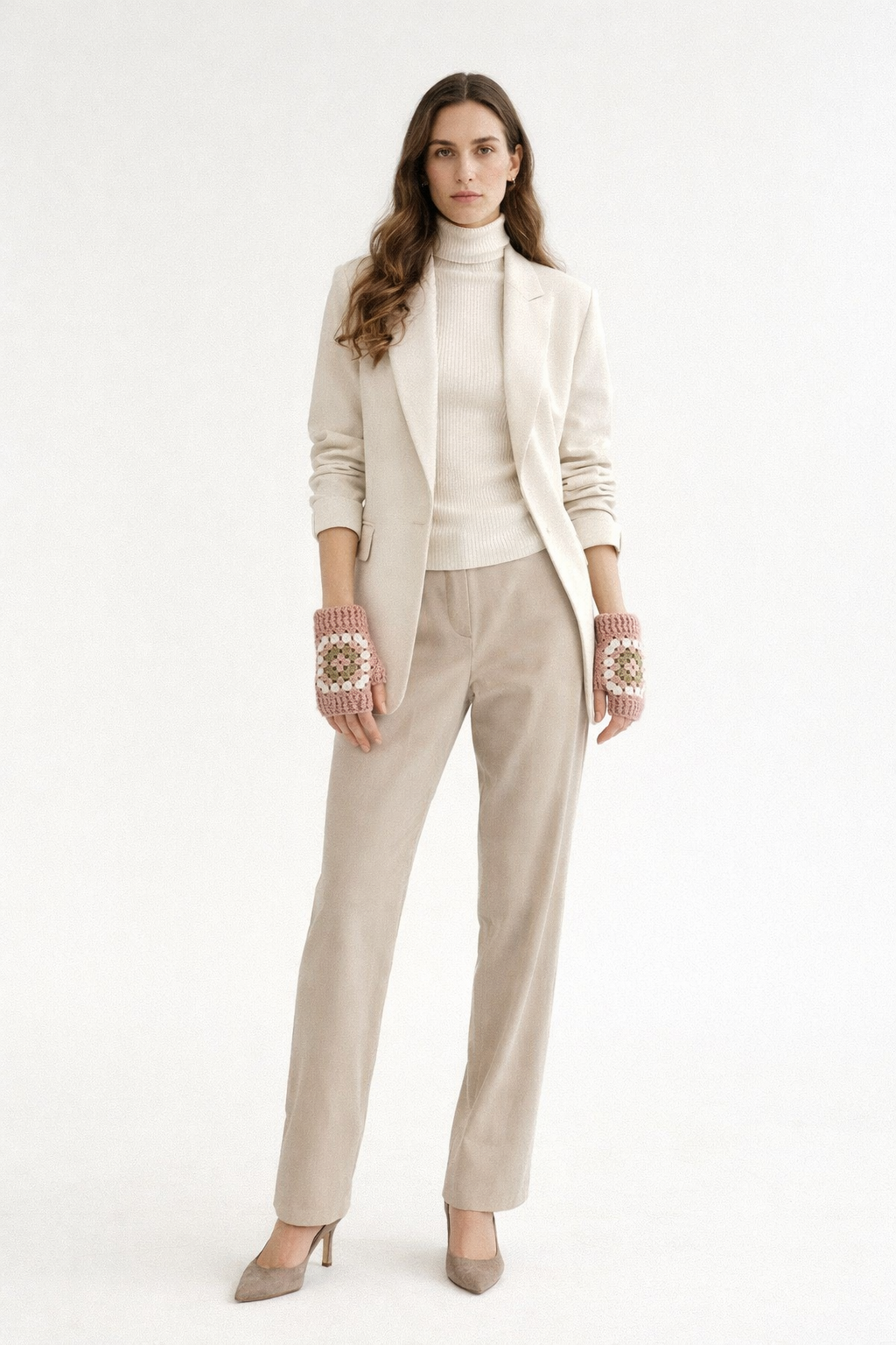 El Örgüsü Çiçek Motifli Parmaksız Eldiven