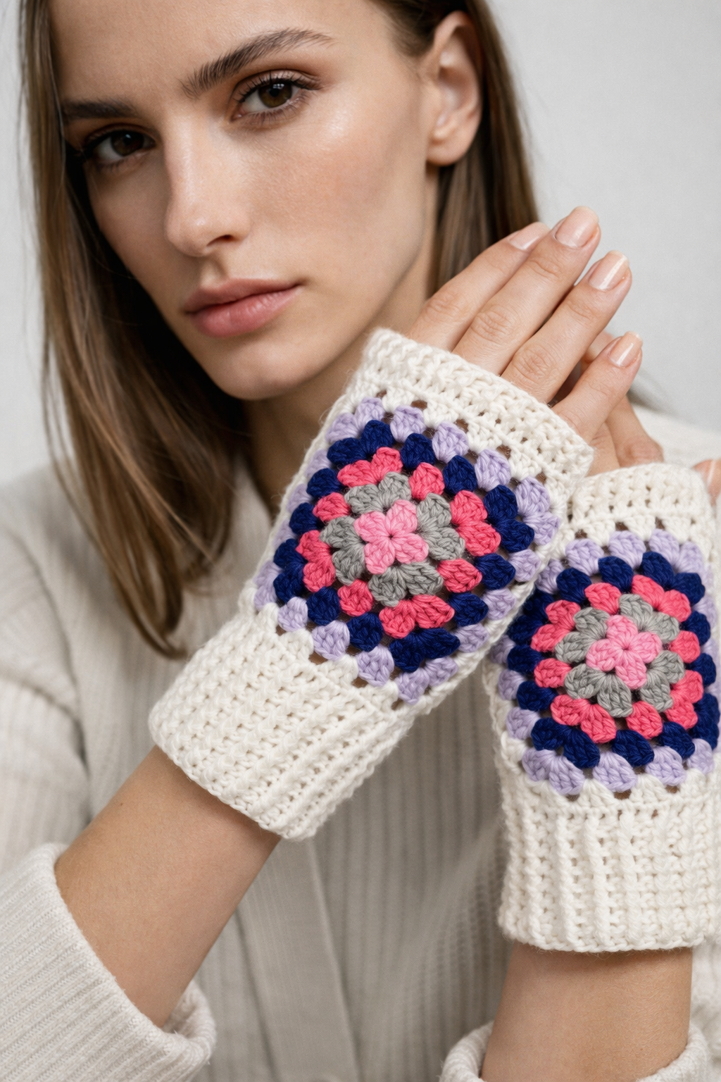 El Örgüsü Motifli Parmaksız Eldiven – Renkli Granny Desen