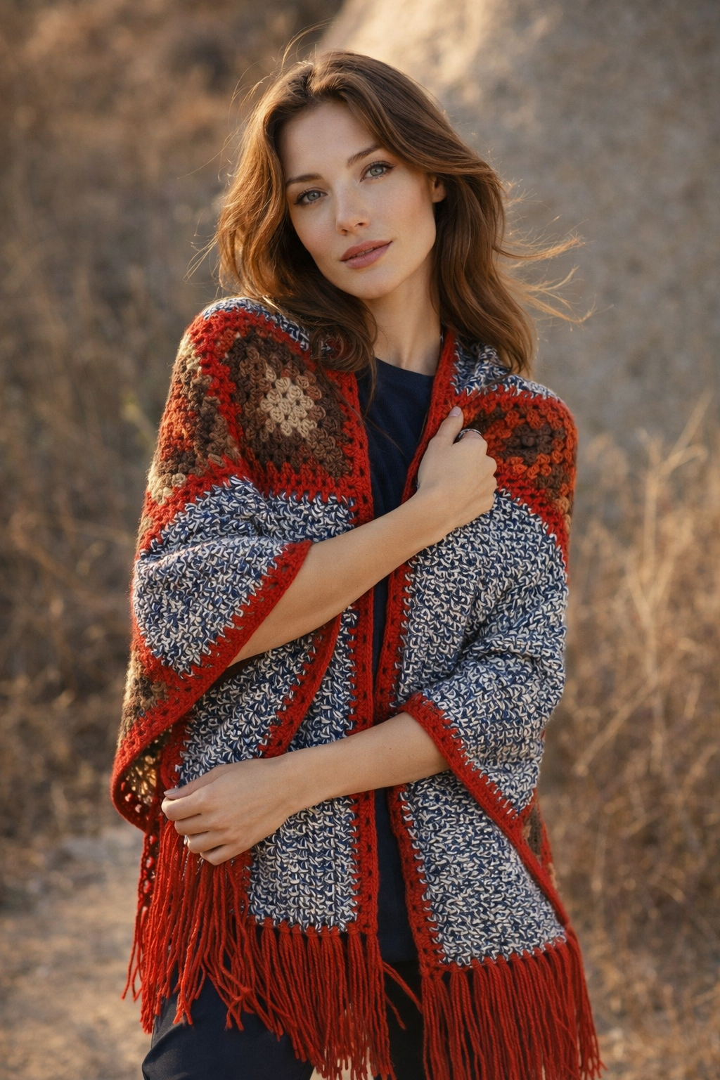 Granny Motifli El Örgüsü Bohem Şal -Kırmızı ve Gri renk