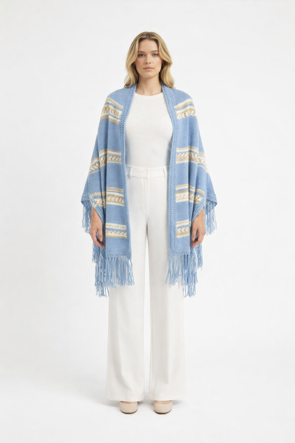 Mavi Çizgili El Örgüsü Şal