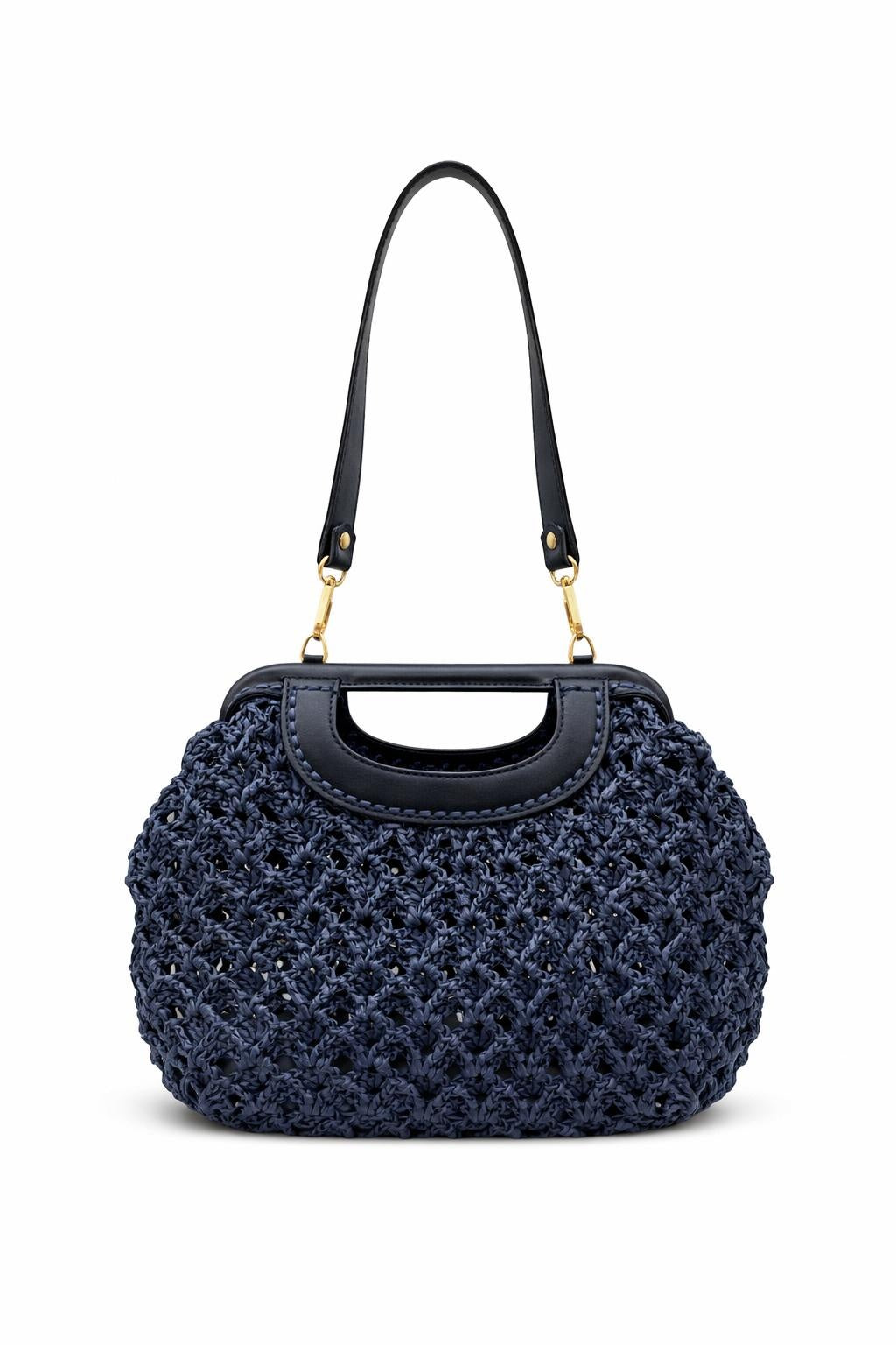 El Yapımı Orta Boy Lacivert Örgü Çanta – Deri Detaylı Şık Tasarım