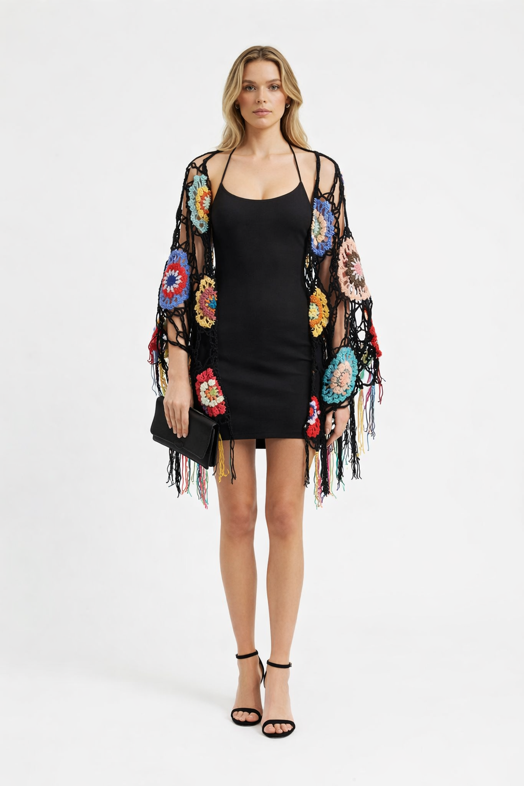 Renkli Motifli El Örgüsü Bohem Şal