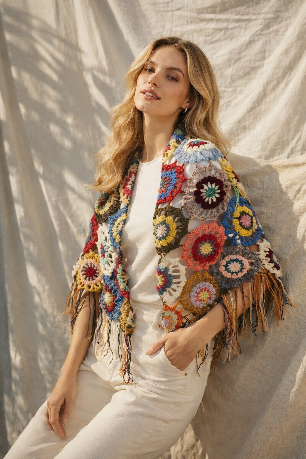 Renkli Motifli El Örgüsü Şal