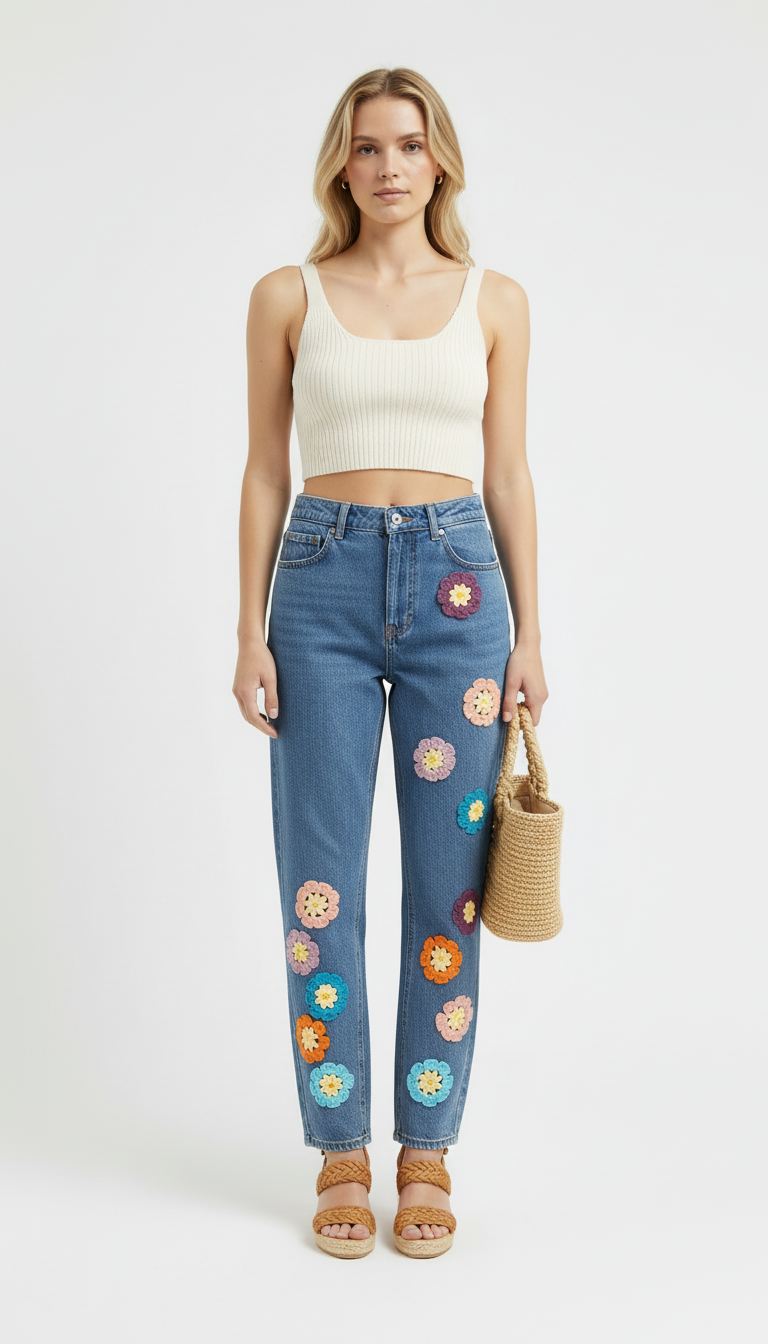 El İşi Aplikeli Denim Pantolon