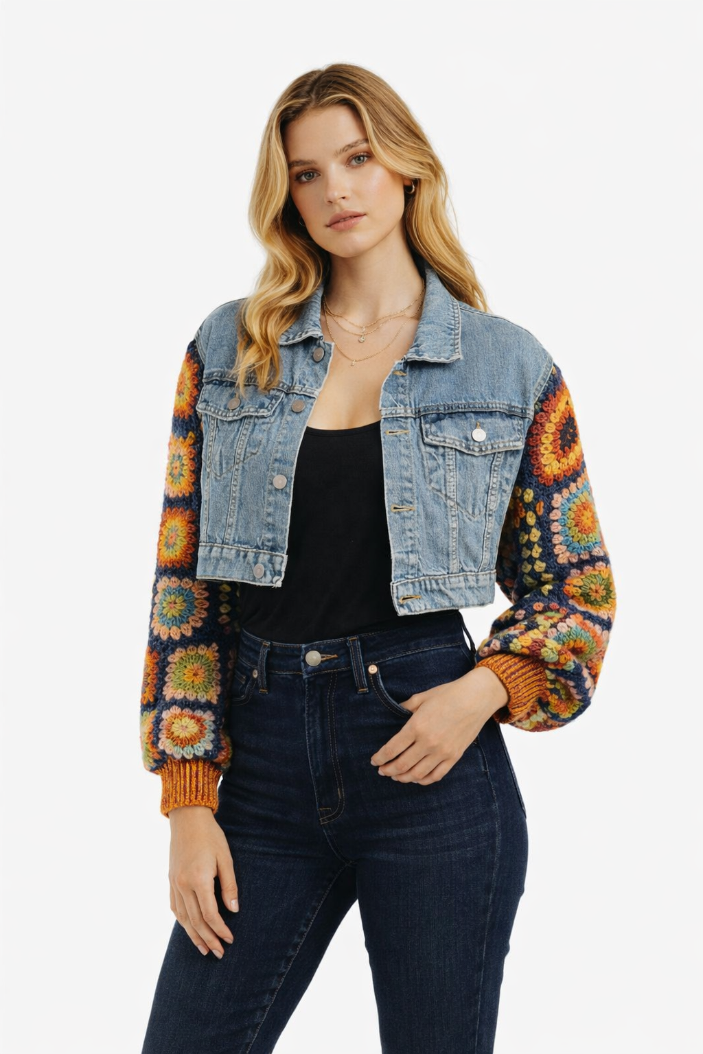 El İşi Örgü Kollu Crop Denim Ceket