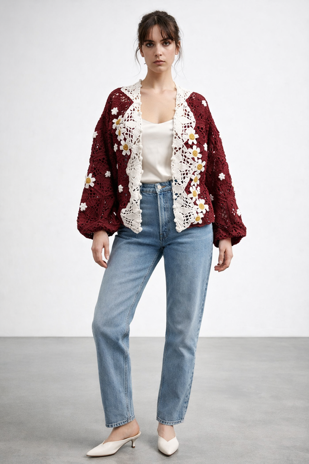 El Örgüsü Papatya Detaylı Bordo Hırka