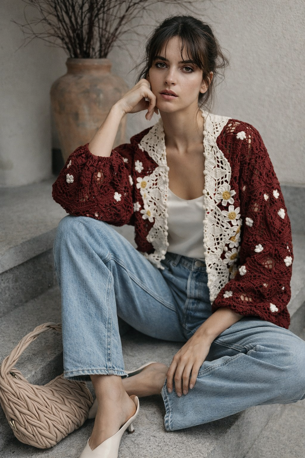 El Örgüsü Papatya Detaylı Bordo Hırka