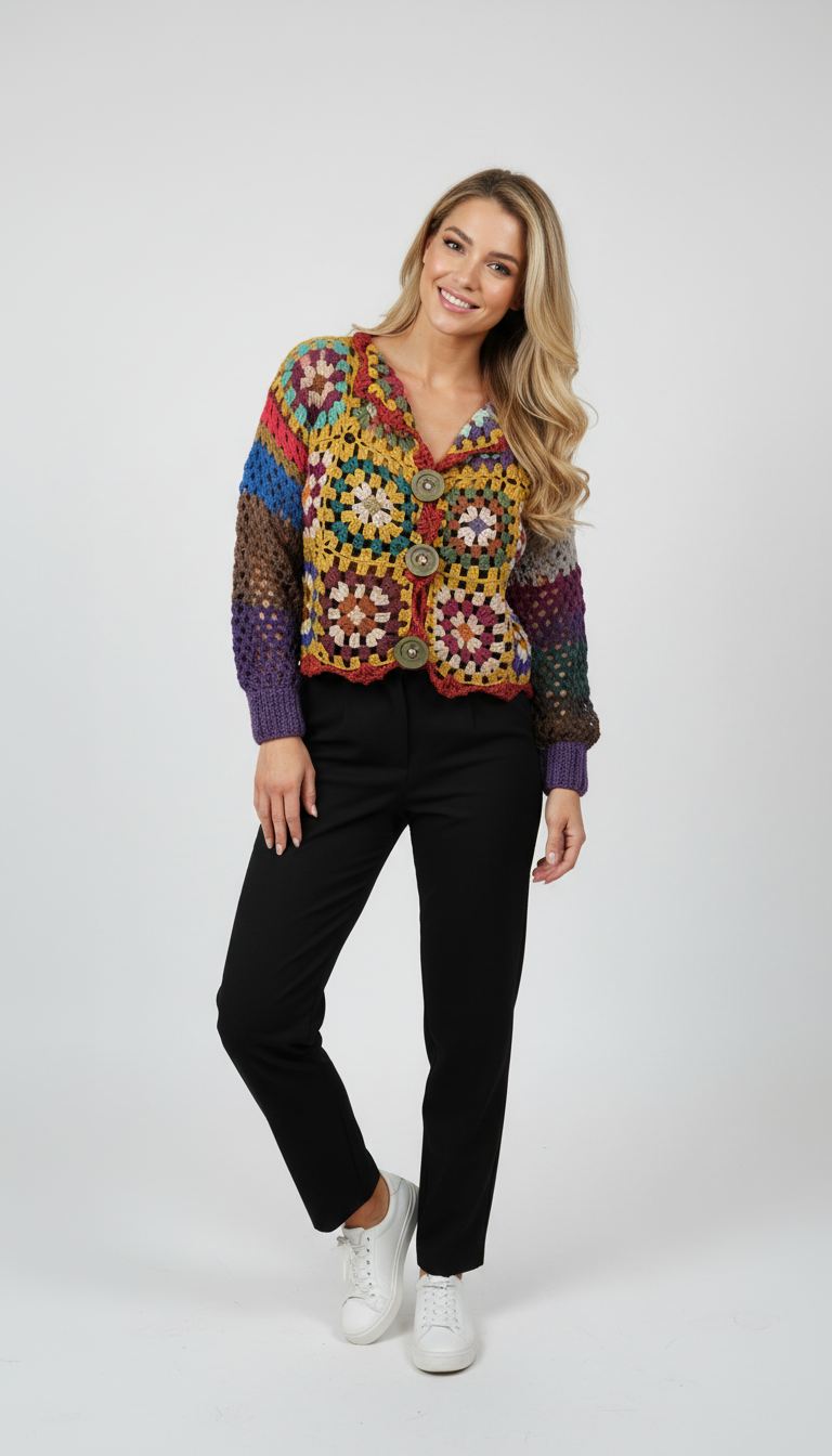 Çok Renkli Granny Square El Örgüsü Düğmeli Özel Tasarım Hırka