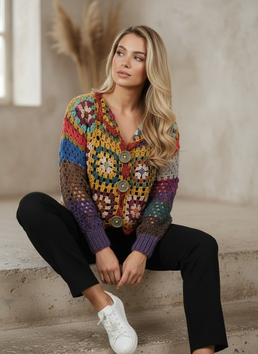 Çok Renkli Granny Square El Örgüsü Düğmeli Özel Tasarım Hırka