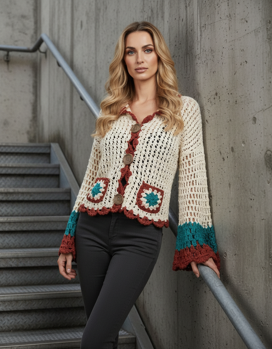 Özel Tasarım El Örgüsü Düğmeli Hırka