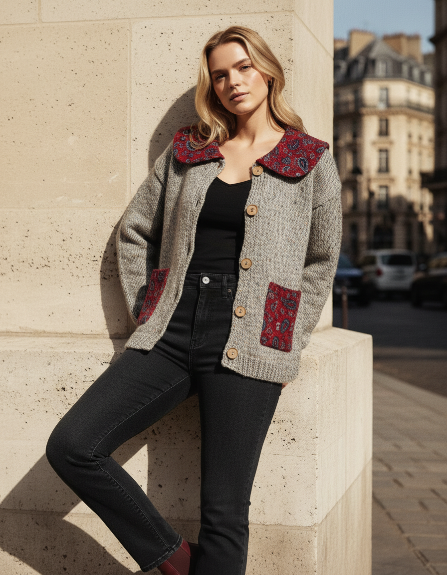 Desenli Yaka ve Cep Detaylı El Örgüsü Düğmeli Hırka